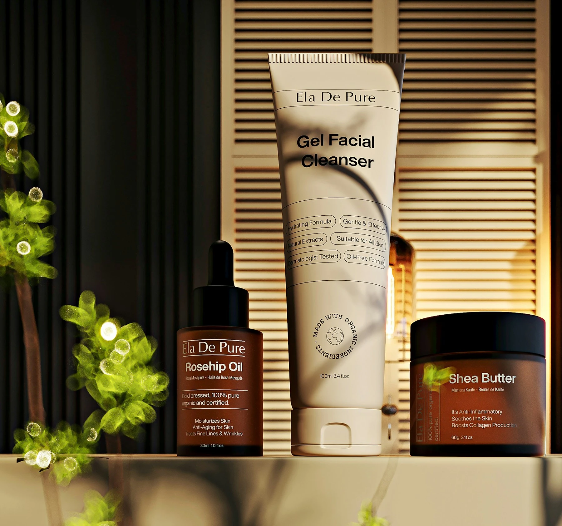Real skincare still life by Ela De Pure. The pictured retail products are not the unbranded main-image concept and are not endorsed here.