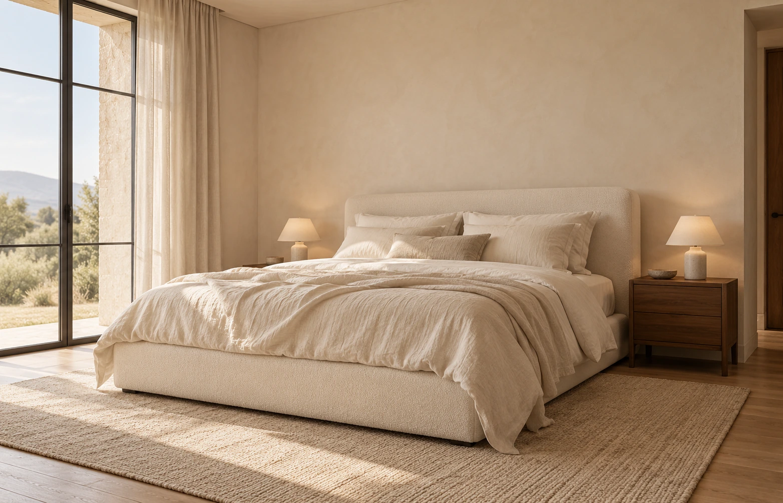 A minimal bedroom concept illustrates the styling direction; it is not a product installation photograph.