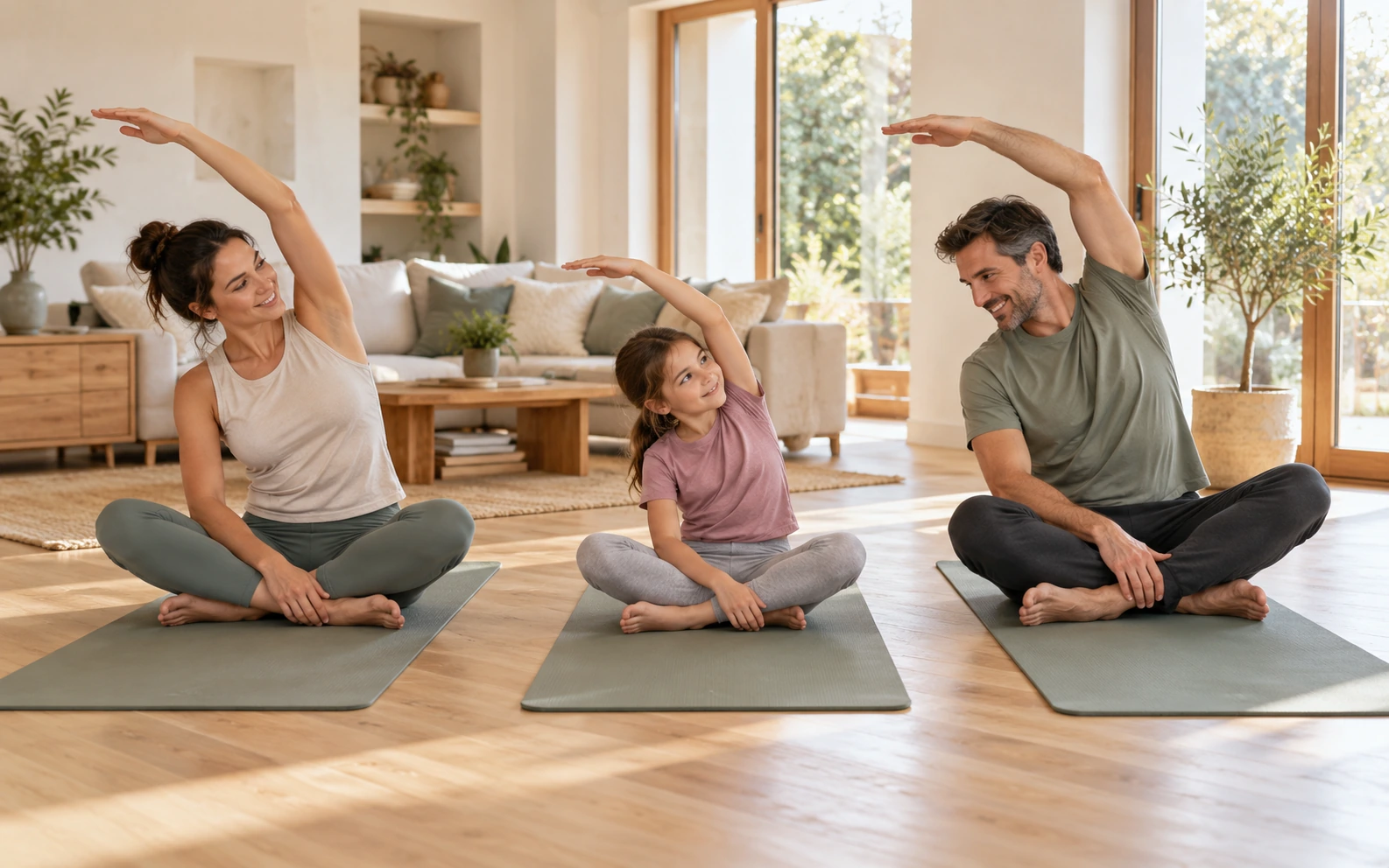 Generated family-movement scene: relaxed activity at home, not a prescribed routine or a test of this mat.