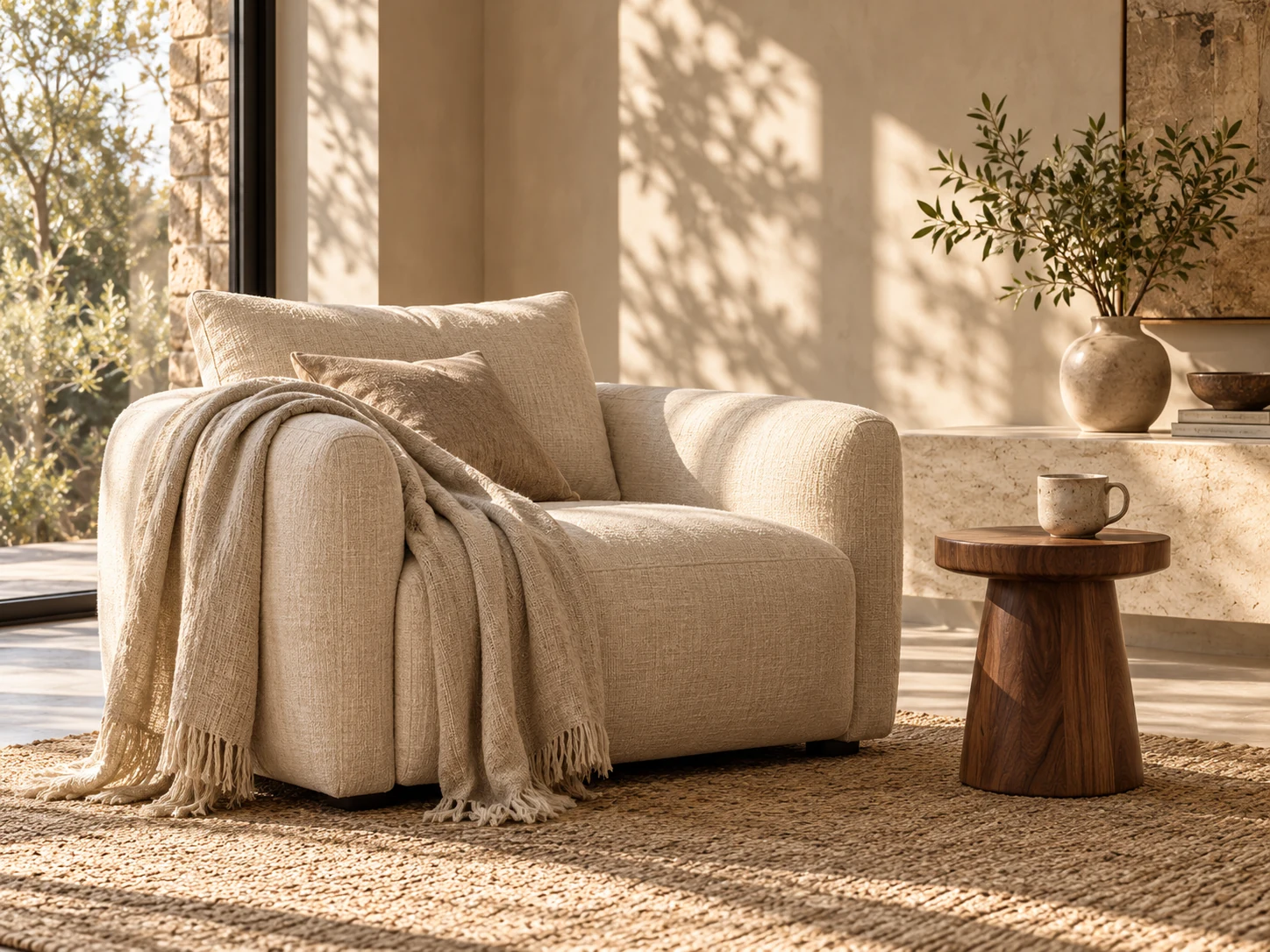 A chair-corner concept illustrates the calm household setting, not a dog-bed installation.
